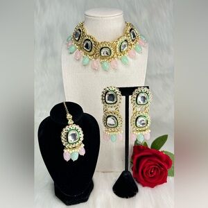 Beautiful Mint Pink Gold Kundan Necklace With Earrings And Tikka Set